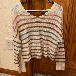So Brand Lightweight Striped Sweater, Open Back V Neck, Small